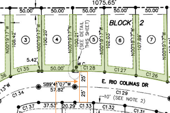 Survey map showing plots in Block 2 along E. Rio Colinas Dr. Each plot marked with dimensions, north orientation, and plot numbers 1-7.