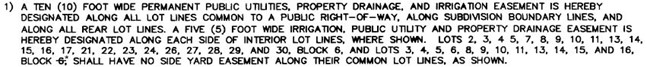 Text description of easement regulations detailing specific lot numbers and dimensions for public utilities, property drainage, and irrigation.